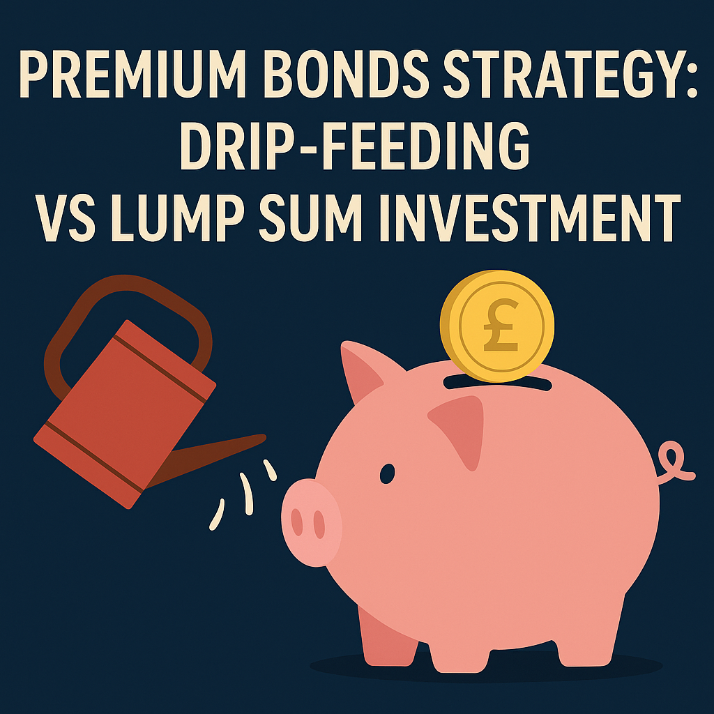 Illustration of a pink piggy bank with a watering can dripping coins on one side and a large coin being inserted on the other, representing Premium Bonds strategies of drip-feeding vs lump sum investment.