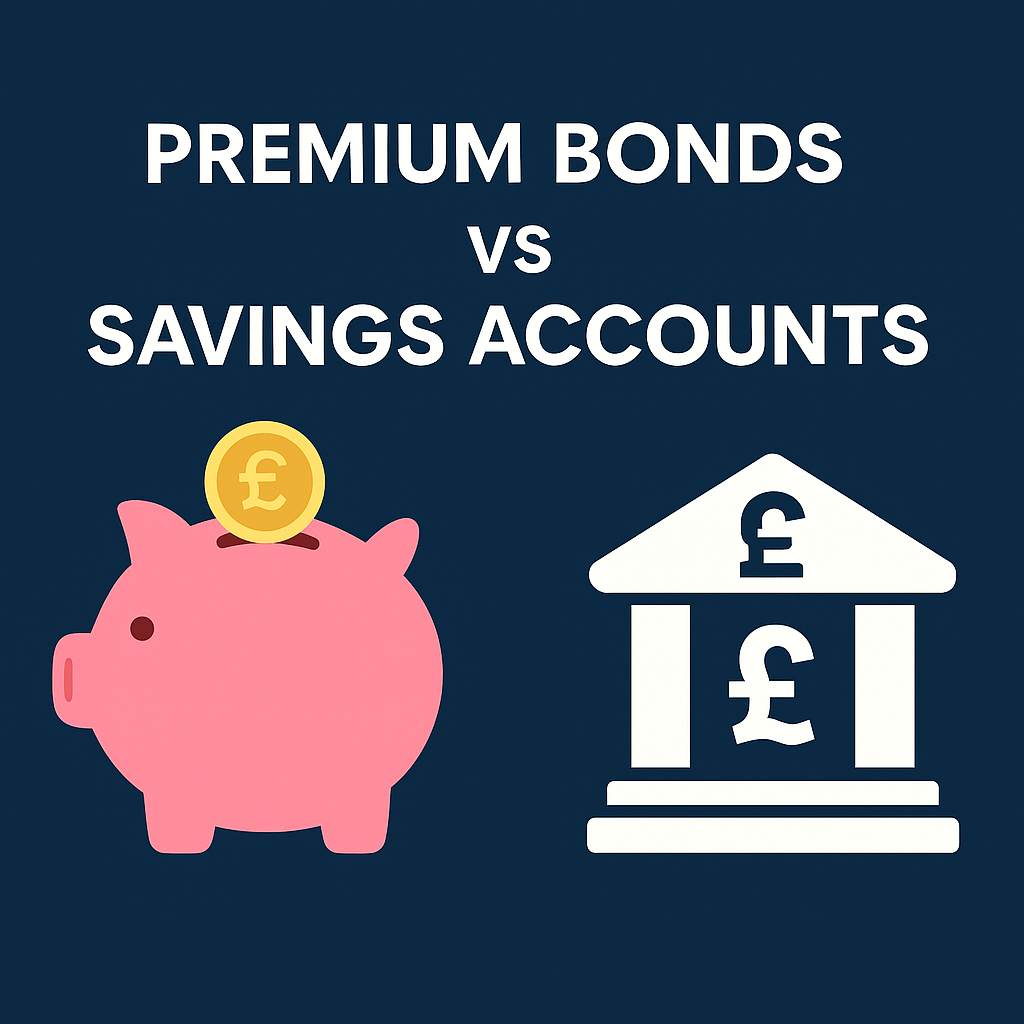 Illustration of a pink piggy bank opposite a bank building icon, symbolising Premium Bonds versus savings accounts comparison in 2025.
